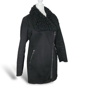 GUESS Black Faux Suede Shearling Fur Moto Long Shawl Collar Coat Sz S